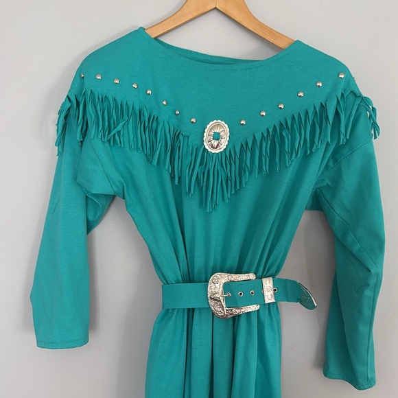 VINTAGE FRINGE DRESS WITH MATCHING BELT COTTON BLEND MADE IN USA - Picture 2 of 12